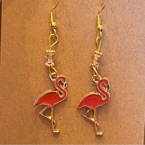 Flamingo Beaded Dangle Earrings in Gold and Pink